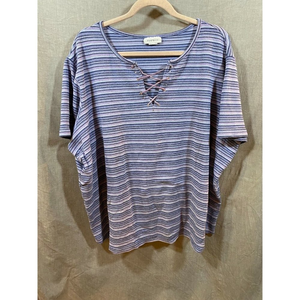 Avenue‎ Shirt Womens 2X Purple Striped 1/4 Lace Up Long Sleeve Top Ladies.